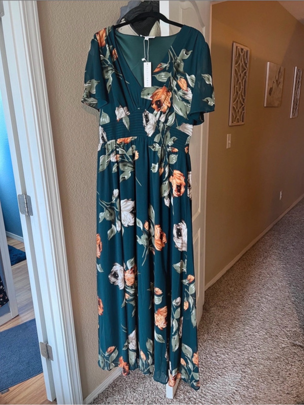 Women's Teal Floral Maxi Dress - Elegant V-Neck - Baltic Born